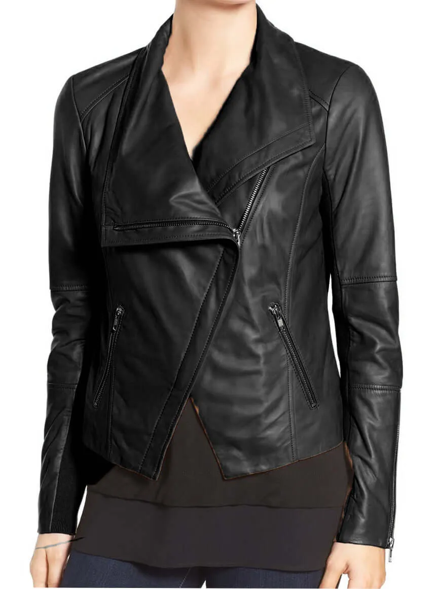 Stylish Women's Black Wide Collar Leather Jacket,Fashion Zipper Women Leather Jacket