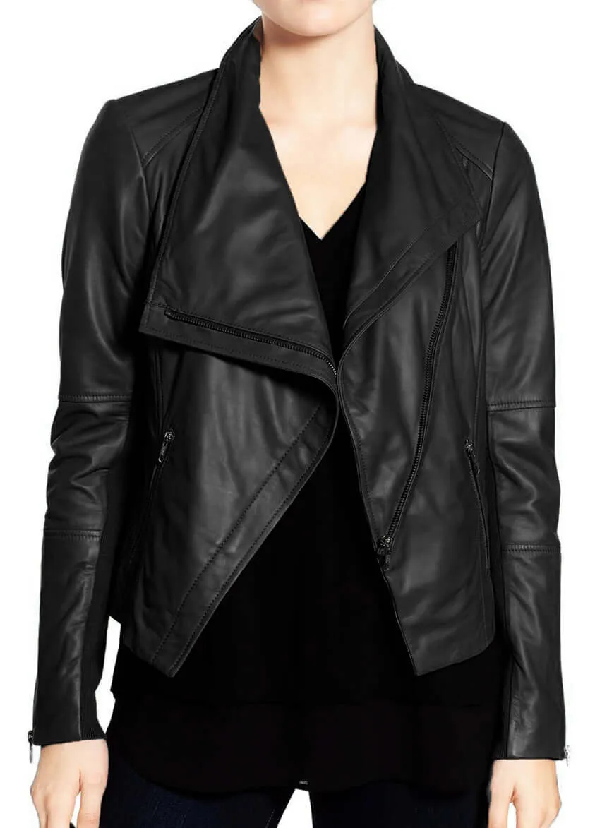 Stylish Women's Black Wide Collar Leather Jacket,Fashion Zipper Women Leather Jacket