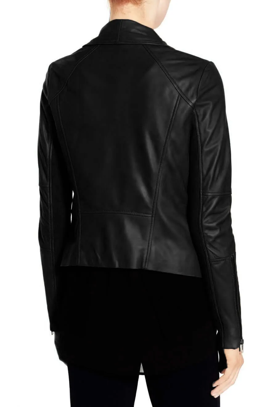 Stylish Women's Black Wide Collar Leather Jacket,Fashion Zipper Women Leather Jacket