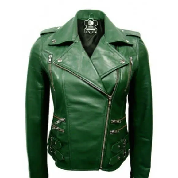 Stylish Women's BRANDO CLASSIC Green Leather Jacket, Ladies' Leather Jacket