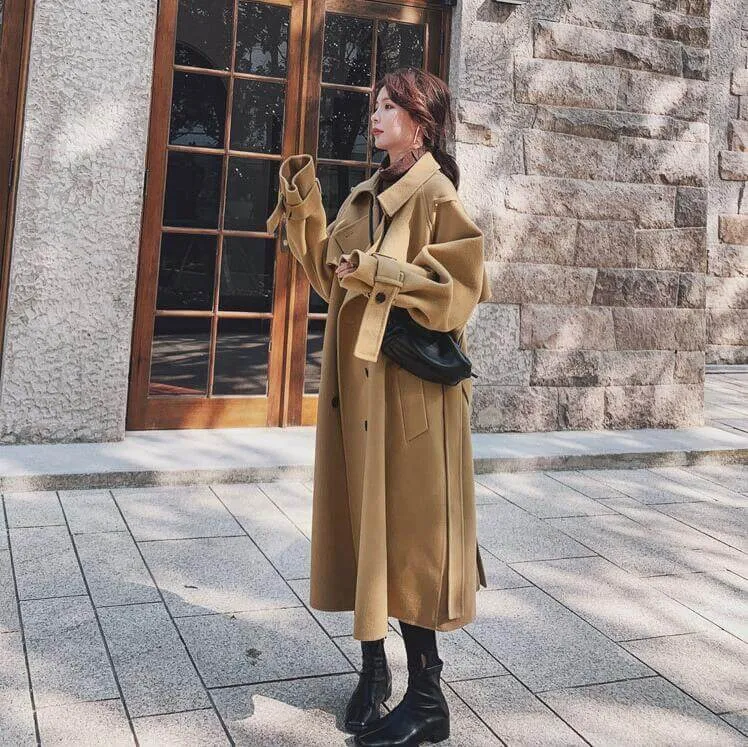 Stylish Women's Camel Wool Belted Winter Coat