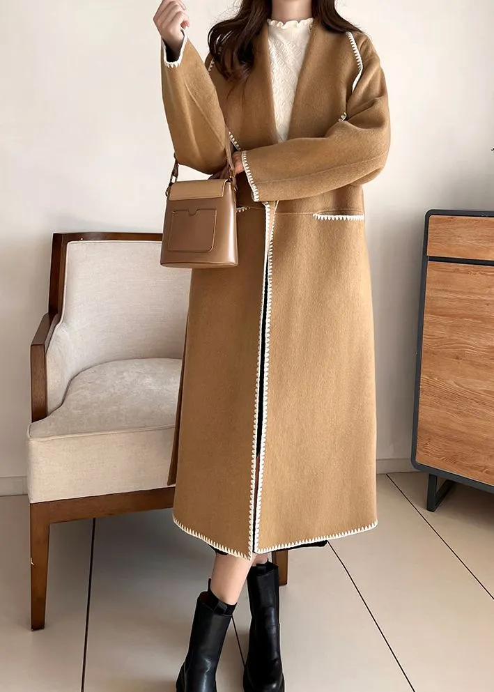 Toothhed Hem Wool Blend Belted Long Coat