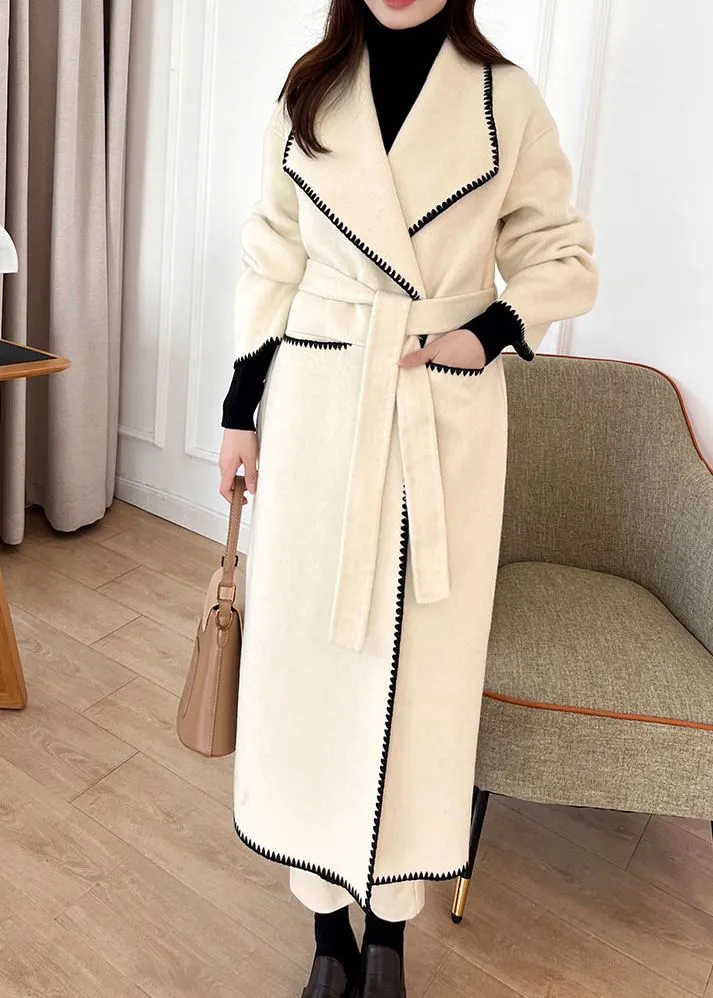 Toothhed Hem Wool Blend Belted Long Coat