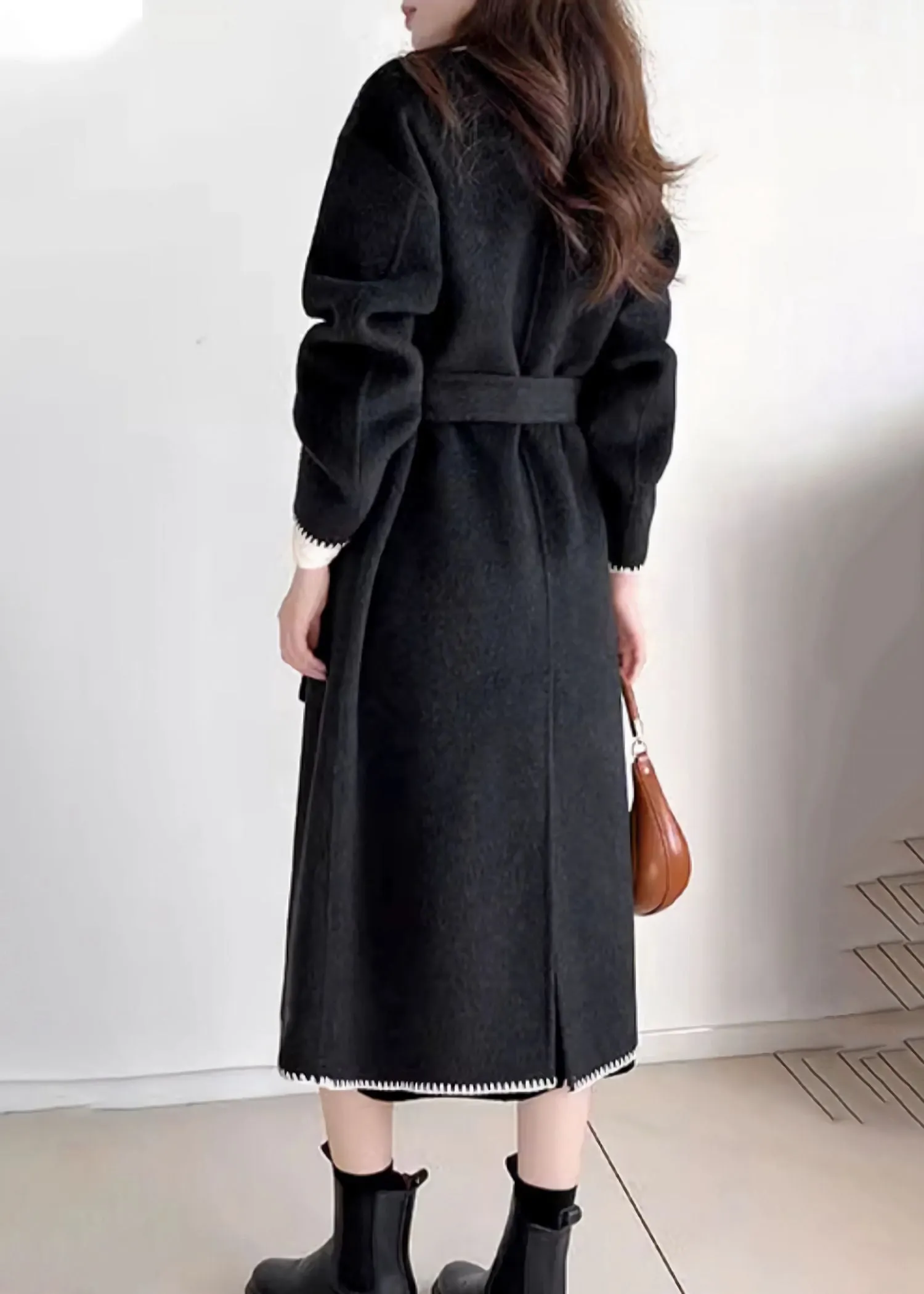 Toothhed Hem Wool Blend Belted Long Coat