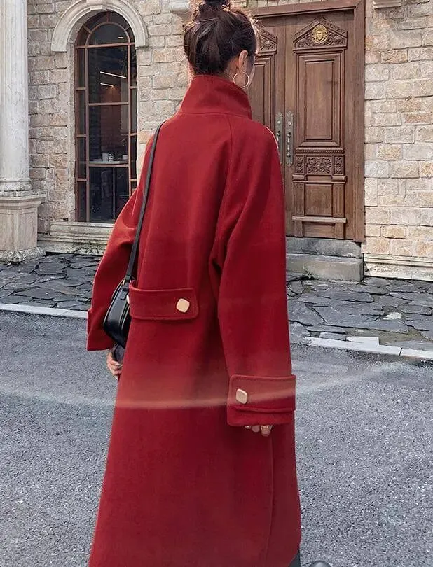 Vintage Red Wool Blend Princess Coat With Stand Collar