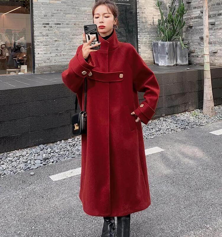 Vintage Red Wool Blend Princess Coat With Stand Collar