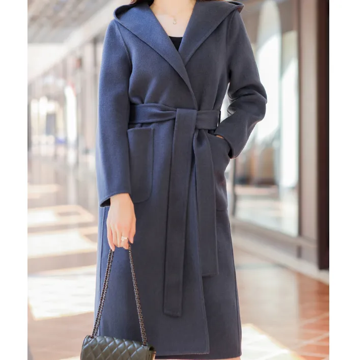 Waist Belt Wool Coat Handmade Long Warm Women Wool Coat Jacket/9800