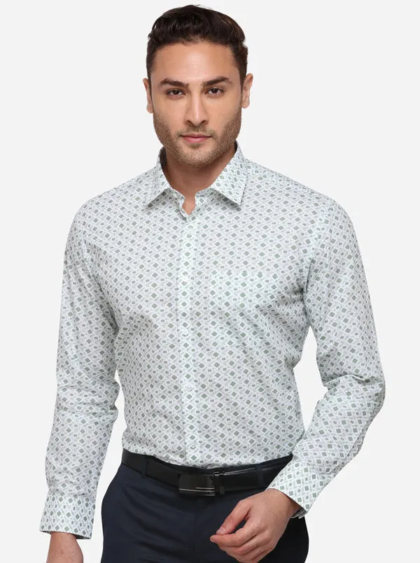 White & Green Printed Slim Fit Formal Shirt | Greenfibre