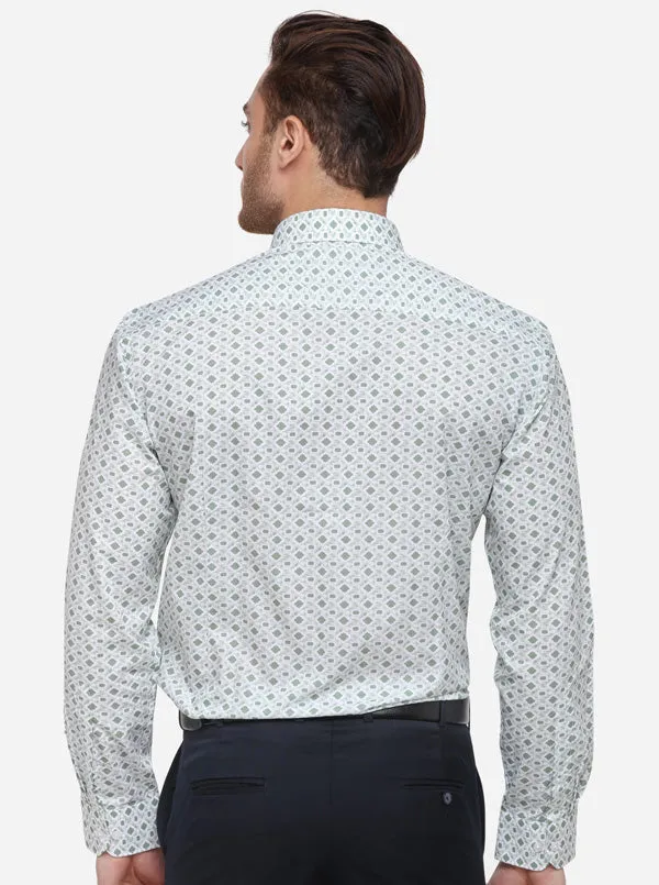 White & Green Printed Slim Fit Formal Shirt | Greenfibre