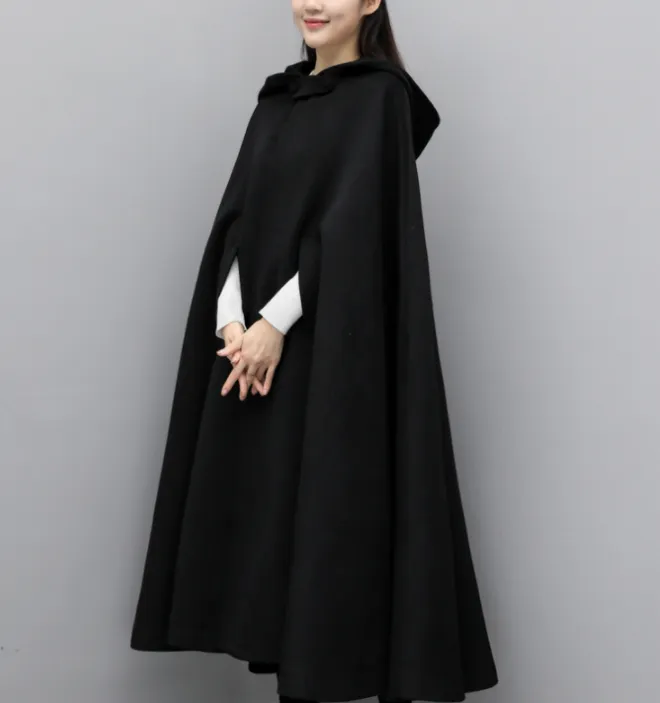 Winter Wool Women Coat Cloak Long Warm Hooded Woolen Coat Cape 07655