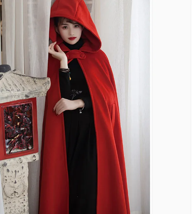 Winter Wool Women Coat Cloak Long Warm Hooded Woolen Coat Cape 07655