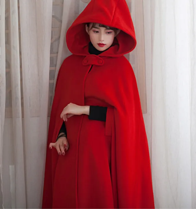 Winter Wool Women Coat Cloak Long Warm Hooded Woolen Coat Cape 07655