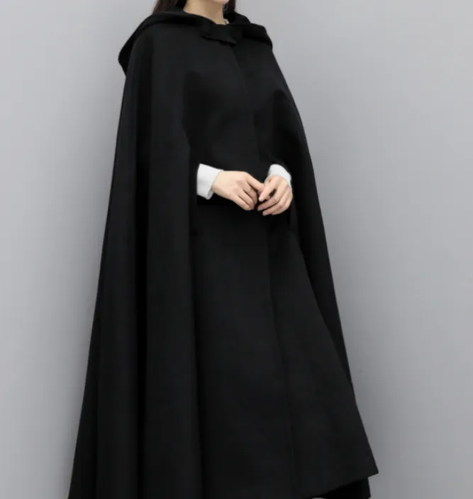 Winter Wool Women Coat Cloak Long Warm Hooded Woolen Coat Cape 07655