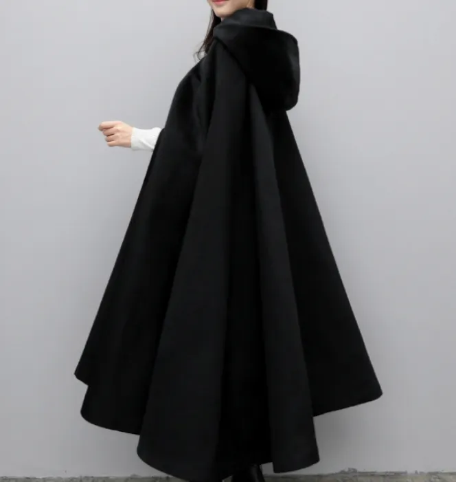 Winter Wool Women Coat Cloak Long Warm Hooded Woolen Coat Cape 07655