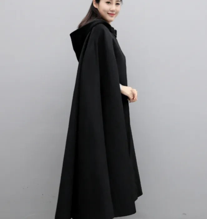 Winter Wool Women Coat Cloak Long Warm Hooded Woolen Coat Cape 07655