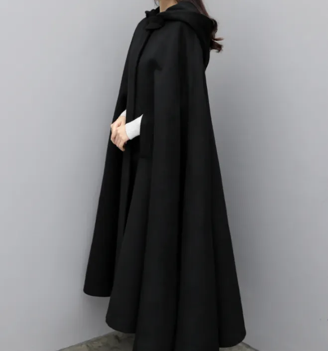 Winter Wool Women Coat Cloak Long Warm Hooded Woolen Coat Cape 07655