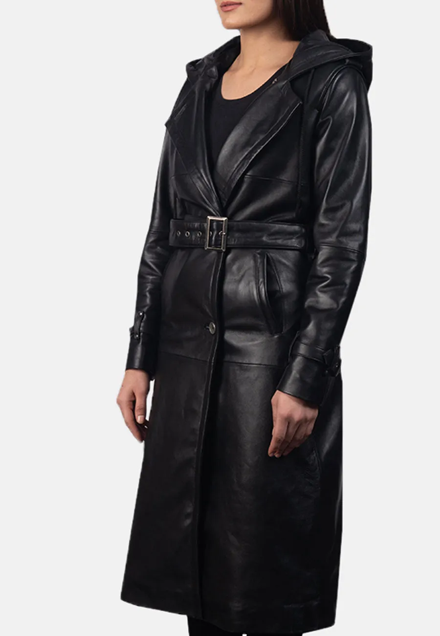 Women’s Black Leather Hooded Trench Coat