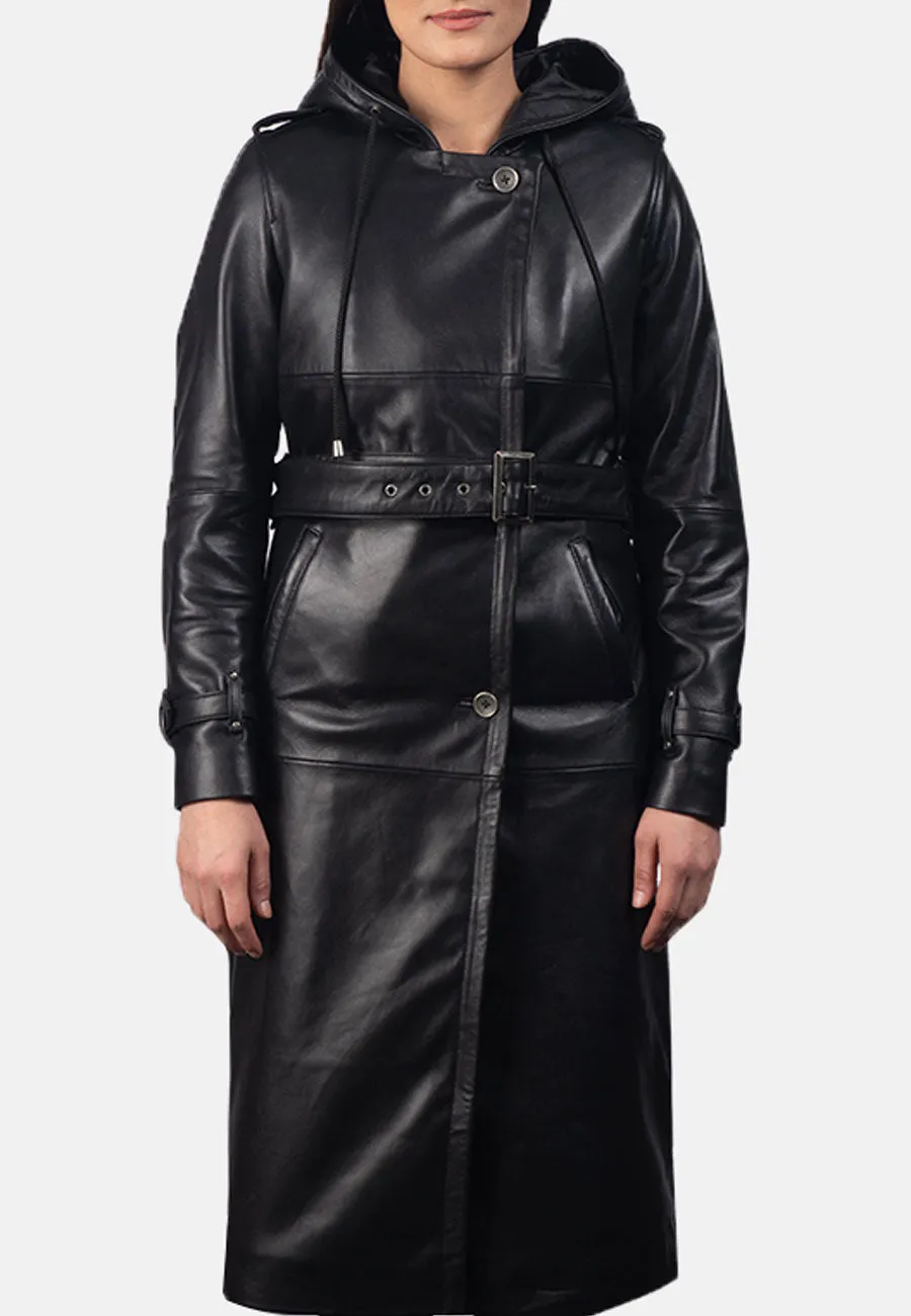 Women’s Black Leather Hooded Trench Coat