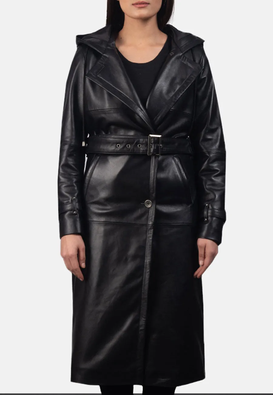 Women’s Black Leather Hooded Trench Coat