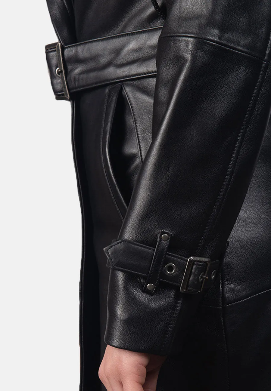 Women’s Black Leather Hooded Trench Coat