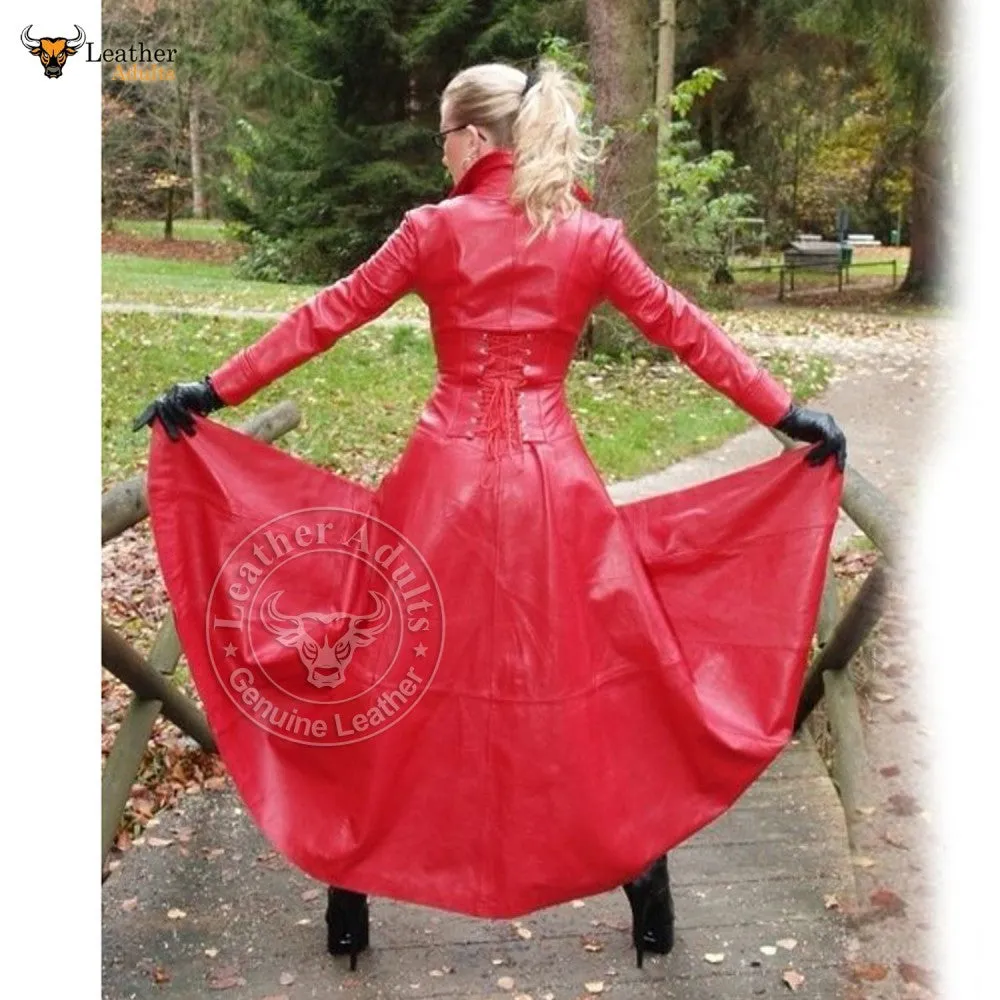 Womens Ladies Pure Lambskin Nappa Leather Long Red Leather Dress Gown Suit Gothic Trench Coat