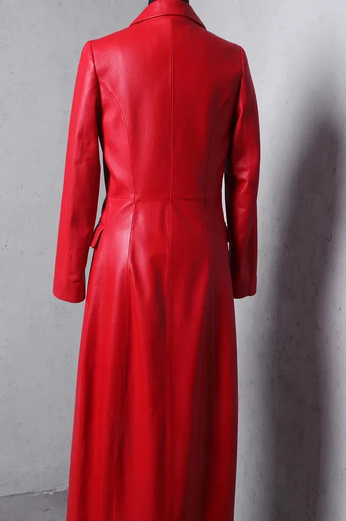 Women's Ruby Red Extra Long Faux Leather Overcoat