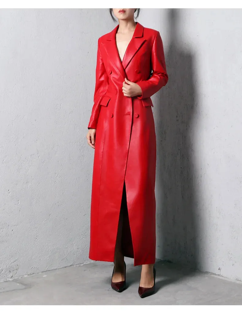 Women's Ruby Red Extra Long Faux Leather Overcoat