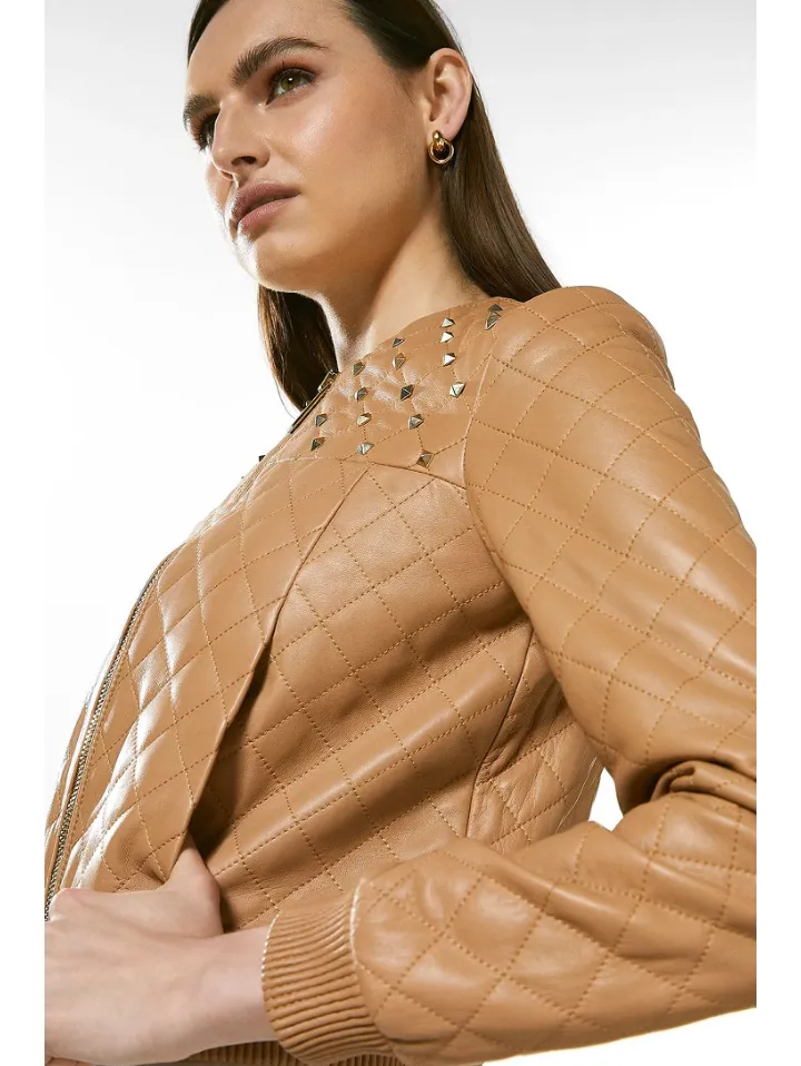 Women's Tan Beige Leather Studded Bomber Jacket