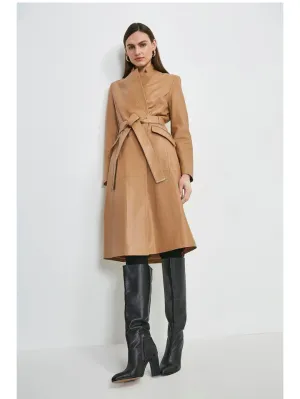 Women’s Tan Beige Sheepskin Leather Trench Coat With Belt