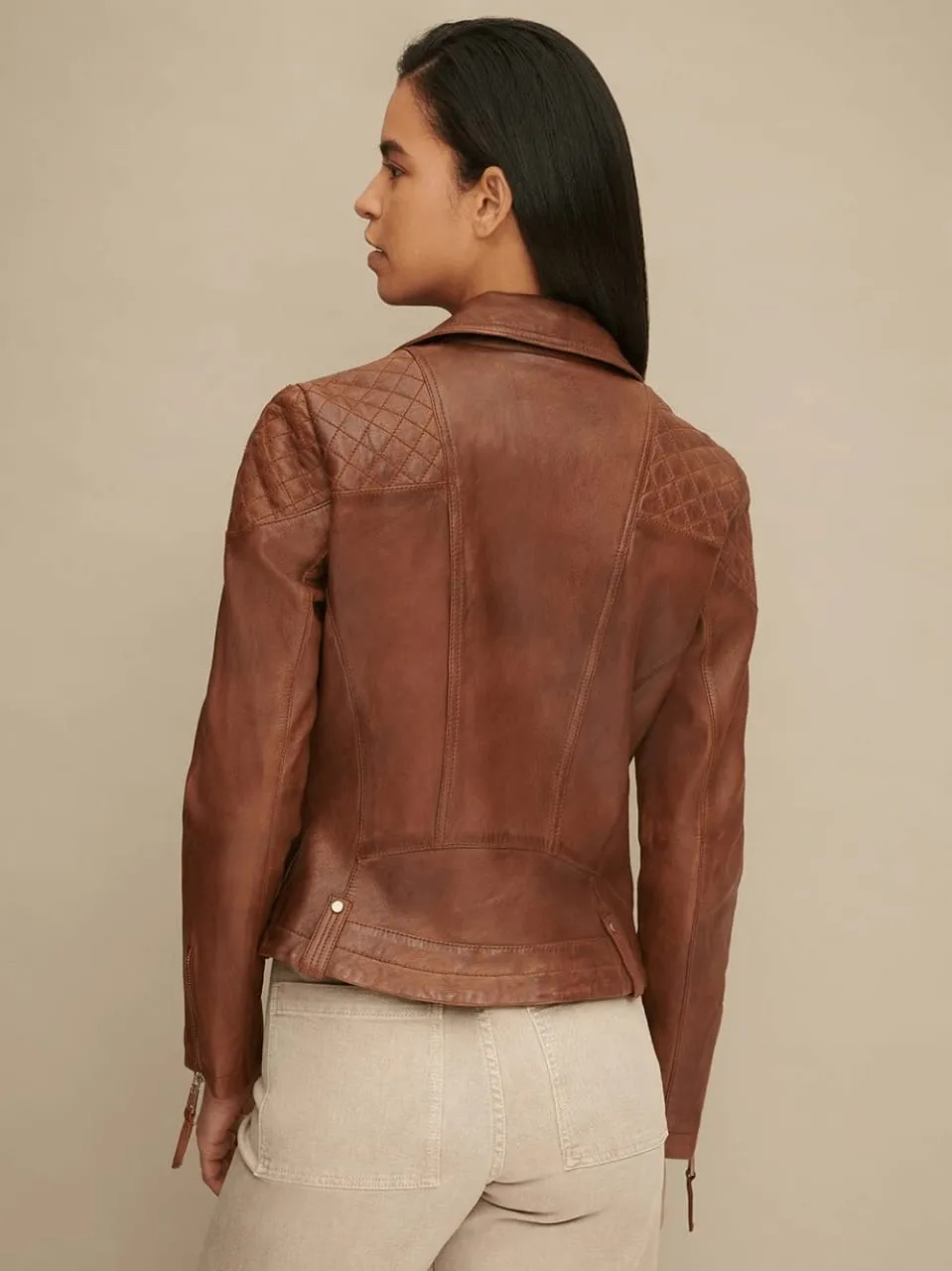 Women’s Tan Brown Leather biker jacket