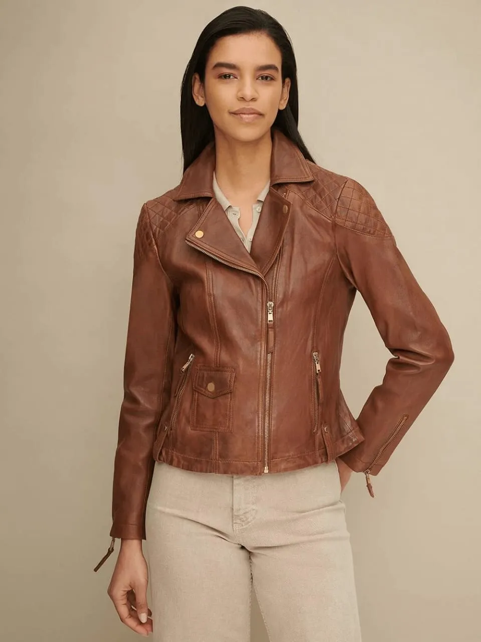 Women’s Tan Brown Leather biker jacket