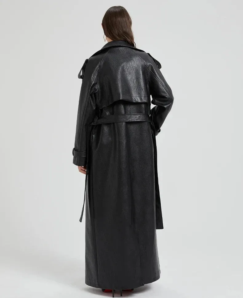 Women's Ultra Long Vegan Leather Trench Coat