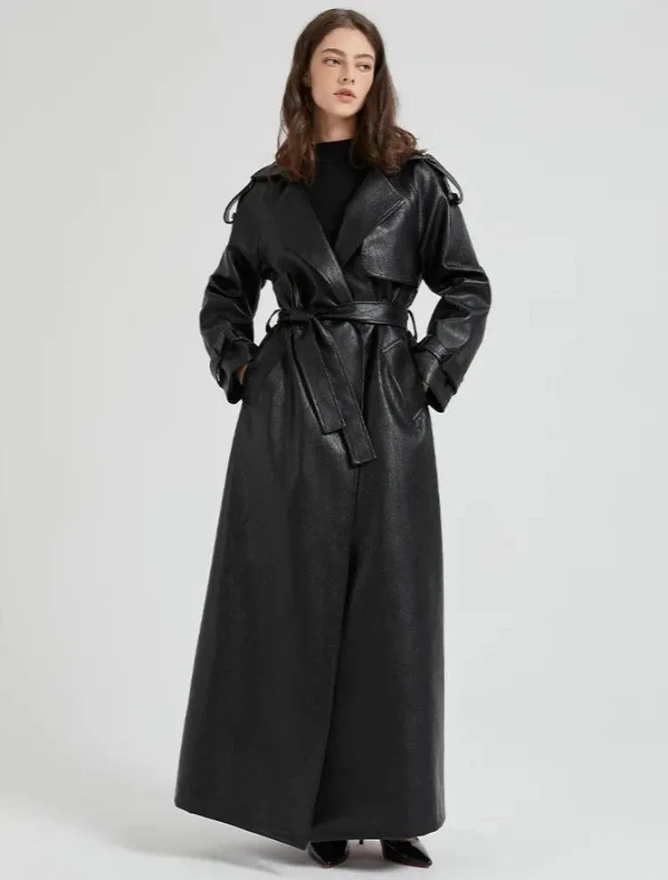 Women's Ultra Long Vegan Leather Trench Coat