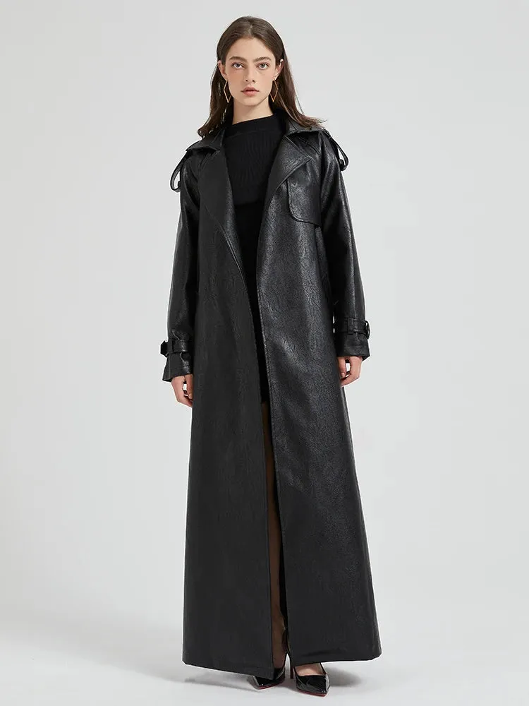 Women's Ultra Long Vegan Leather Trench Coat