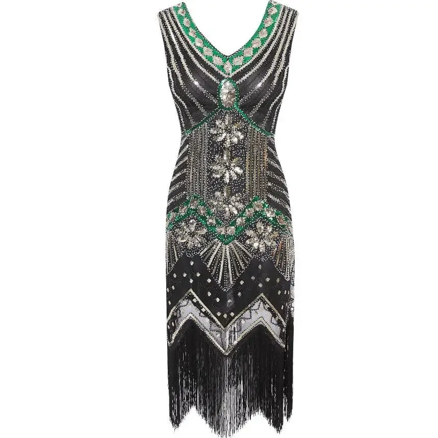 Women's Vintage Flapper V-Neck Sleeveless Sequin Beaded Dress