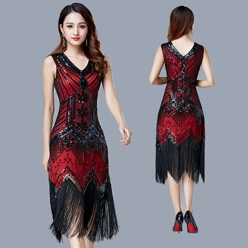 Women's Vintage Flapper V-Neck Sleeveless Sequin Beaded Dress