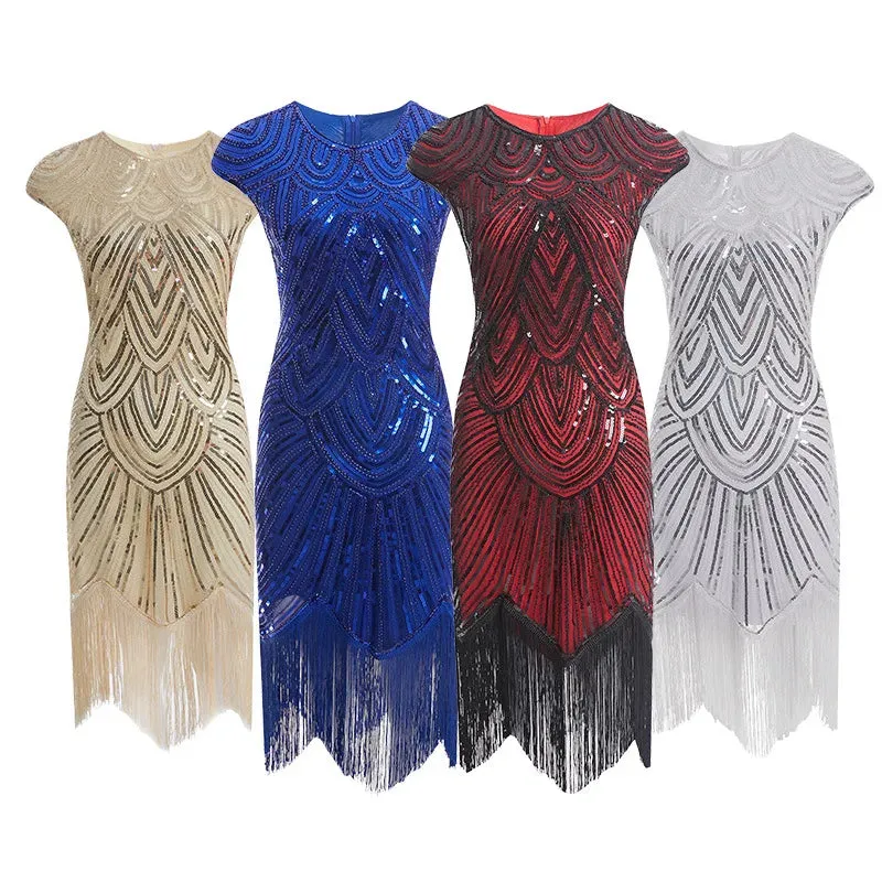 Women's Vintage Style Flapper Dress O-Neck Cap Sleeve Sequin Fringe