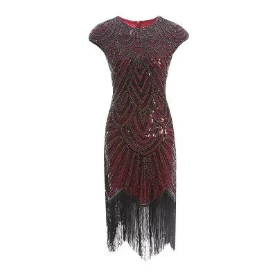 Women's Vintage Style Flapper Dress O-Neck Cap Sleeve Sequin Fringe