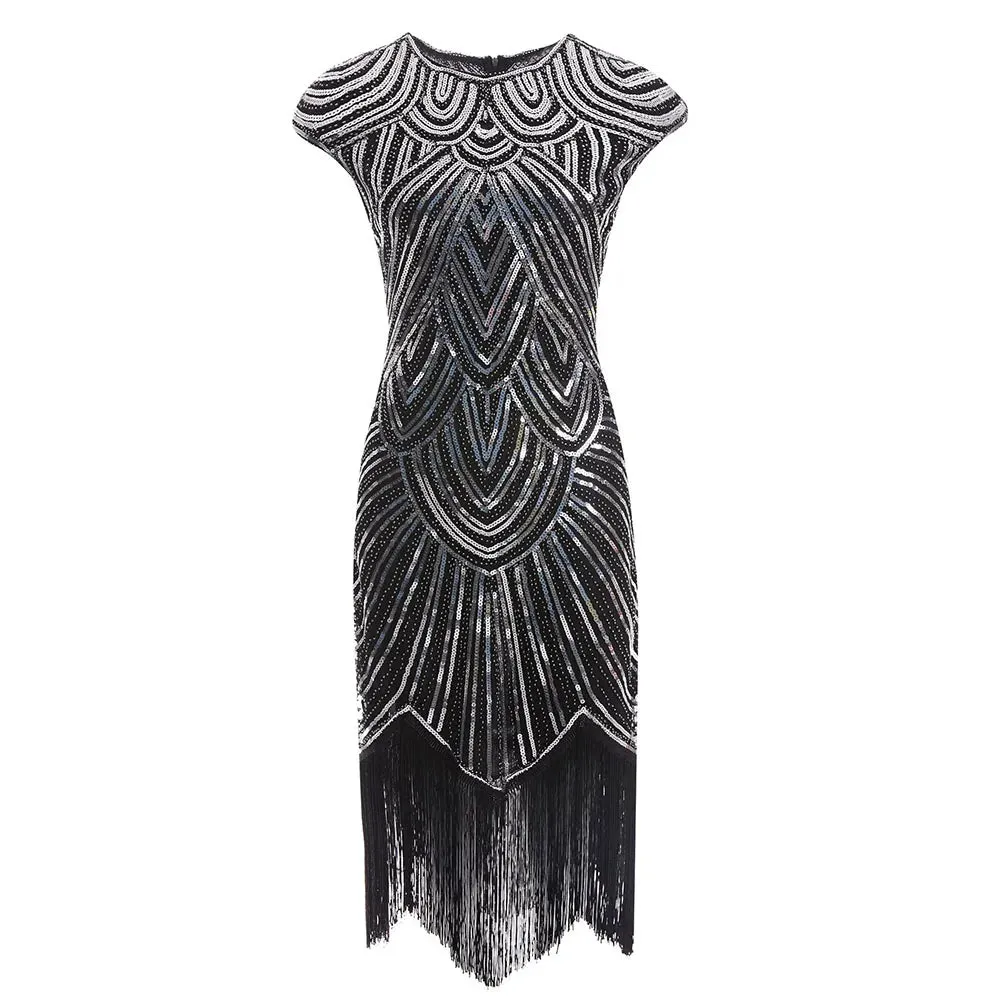 Women's Vintage Style Flapper Dress O-Neck Cap Sleeve Sequin Fringe