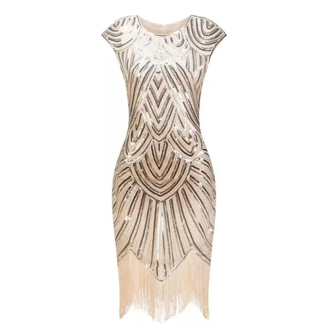 Women's Vintage Style Flapper Dress O-Neck Cap Sleeve Sequin Fringe