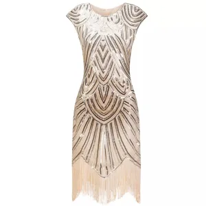 Women's Vintage Style Flapper Dress O-Neck Cap Sleeve Sequin Fringe