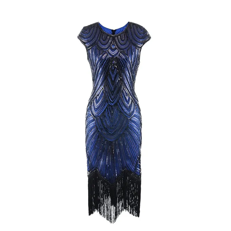 Women's Vintage Style Flapper Dress O-Neck Cap Sleeve Sequin Fringe