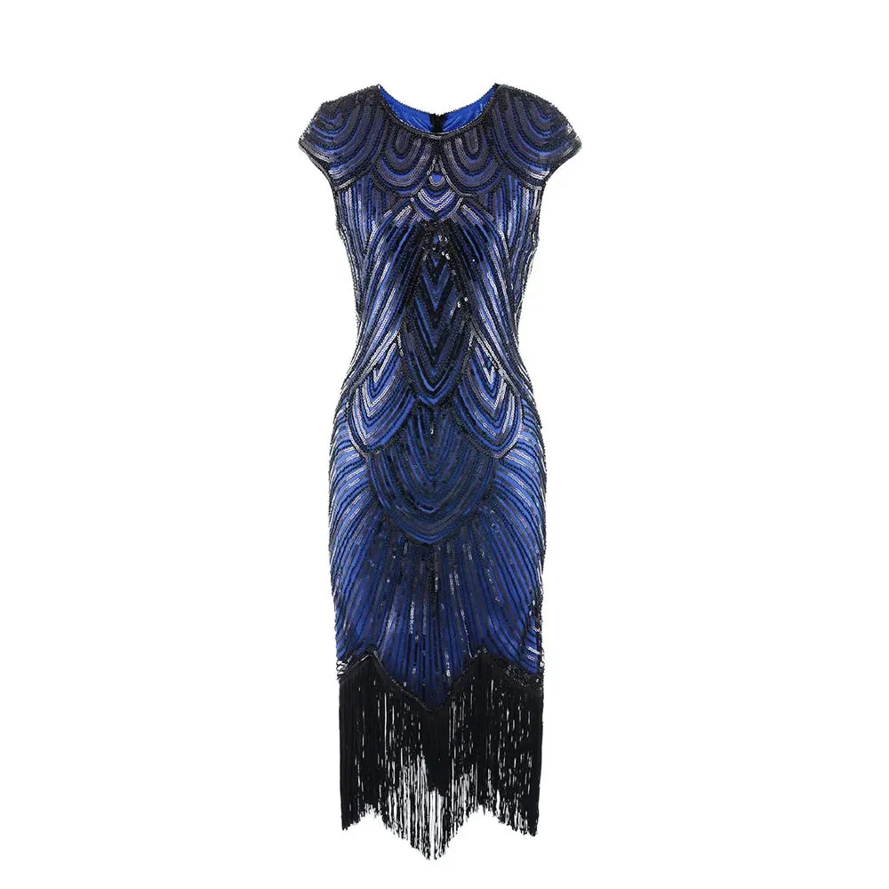 Women's Vintage Style Flapper Dress O-Neck Cap Sleeve Sequin Fringe