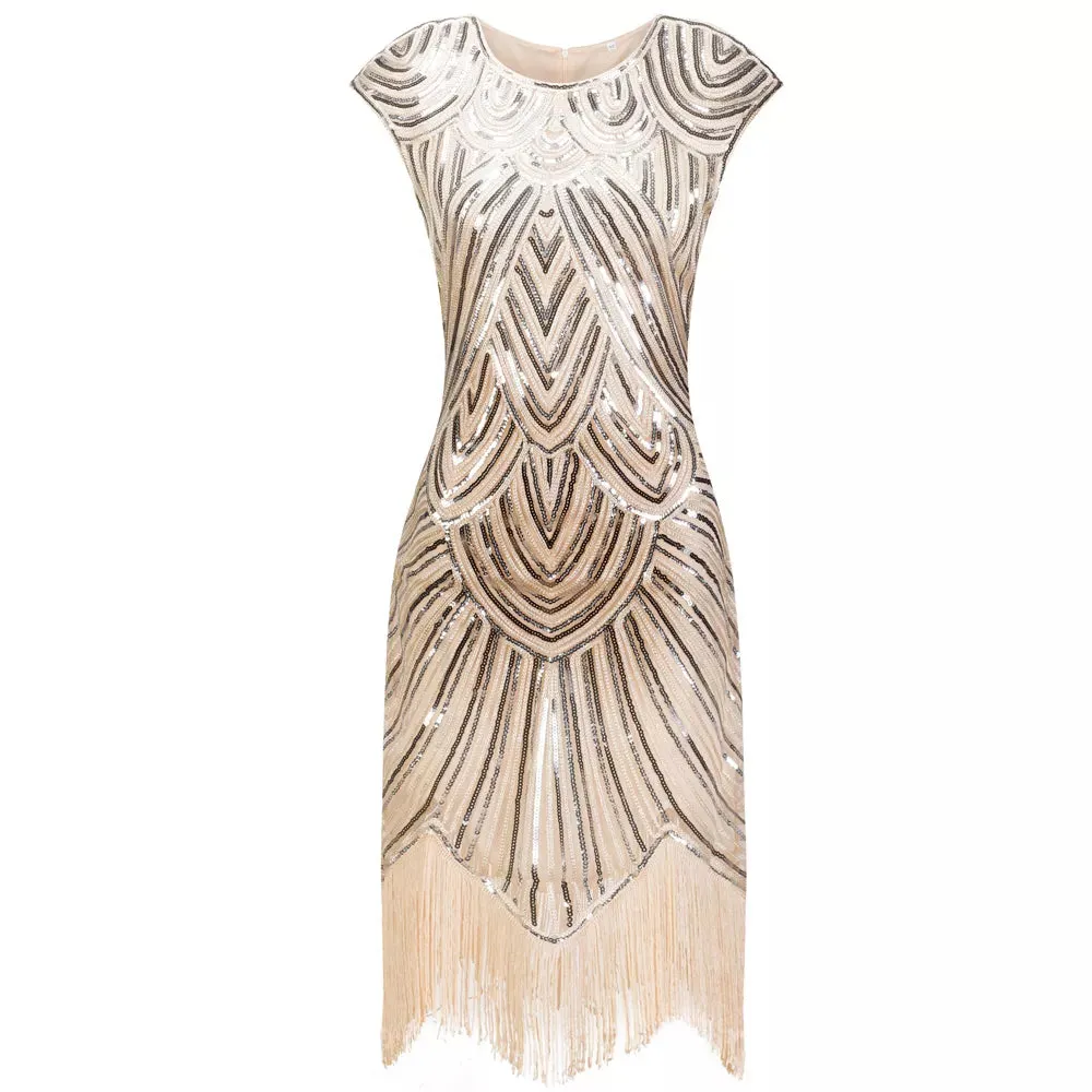 Women's Vintage Style Flapper Dress O-Neck Cap Sleeve Sequin Fringe