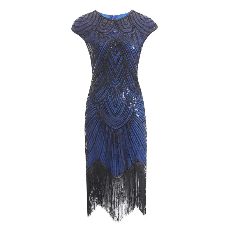 Women's Vintage Style Flapper Dress O-Neck Cap Sleeve Sequin Fringe