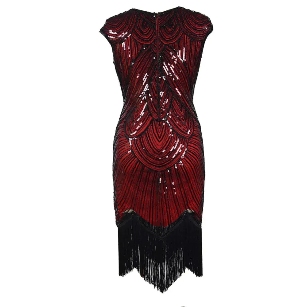 Women's Vintage Style Flapper Dress O-Neck Cap Sleeve Sequin Fringe