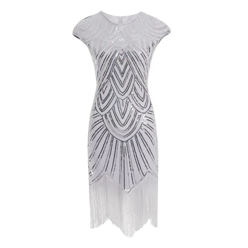 Women's Vintage Style Flapper Dress O-Neck Cap Sleeve Sequin Fringe