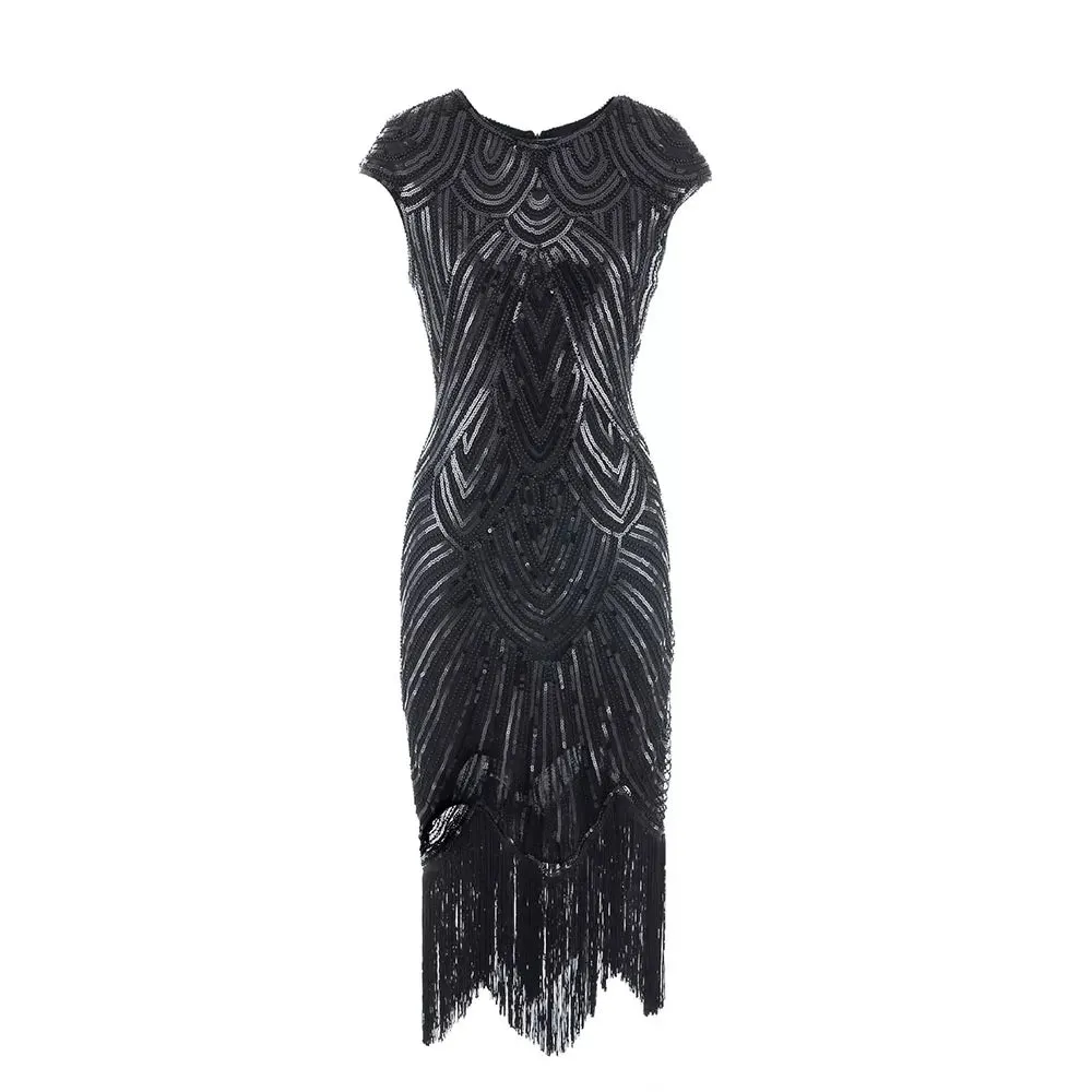 Women's Vintage Style Flapper Dress O-Neck Cap Sleeve Sequin Fringe