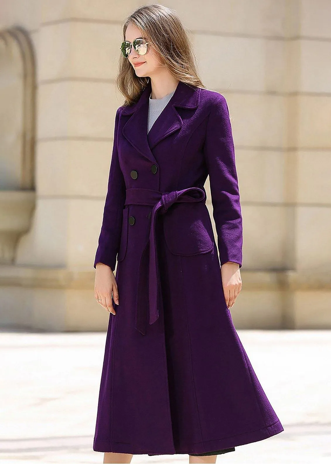 Wool Blend Double Breasted Long Coat